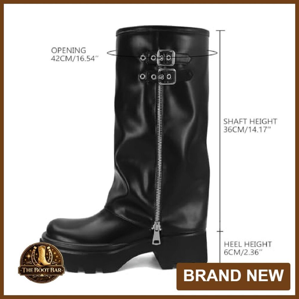 Platform Slouchy Boots Wide Calf Fold Over Ruched Round Toe Riding - Picture 4 of 7
